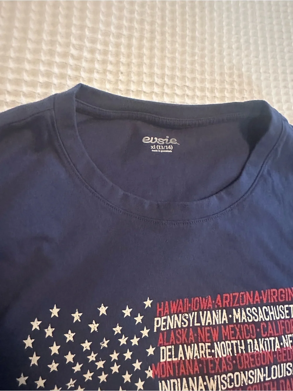 Maurices Navy Short Sleeve Tee with Red, White Star-Text Flag Graphic